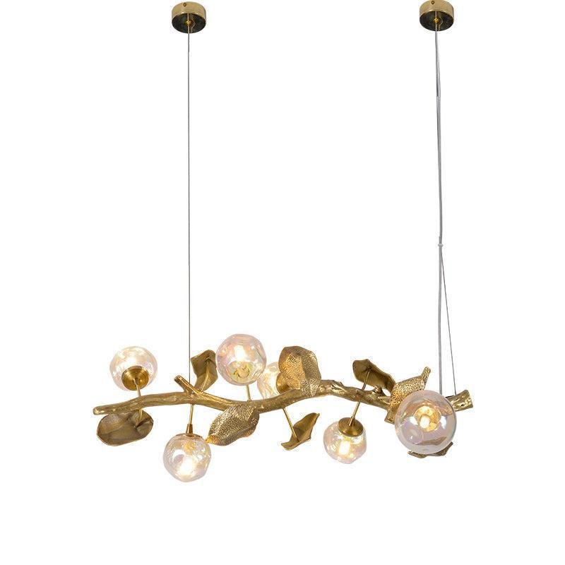 Organic Glass Bubble Brass Branch Chandelier with Leaves - Joyfuzzy