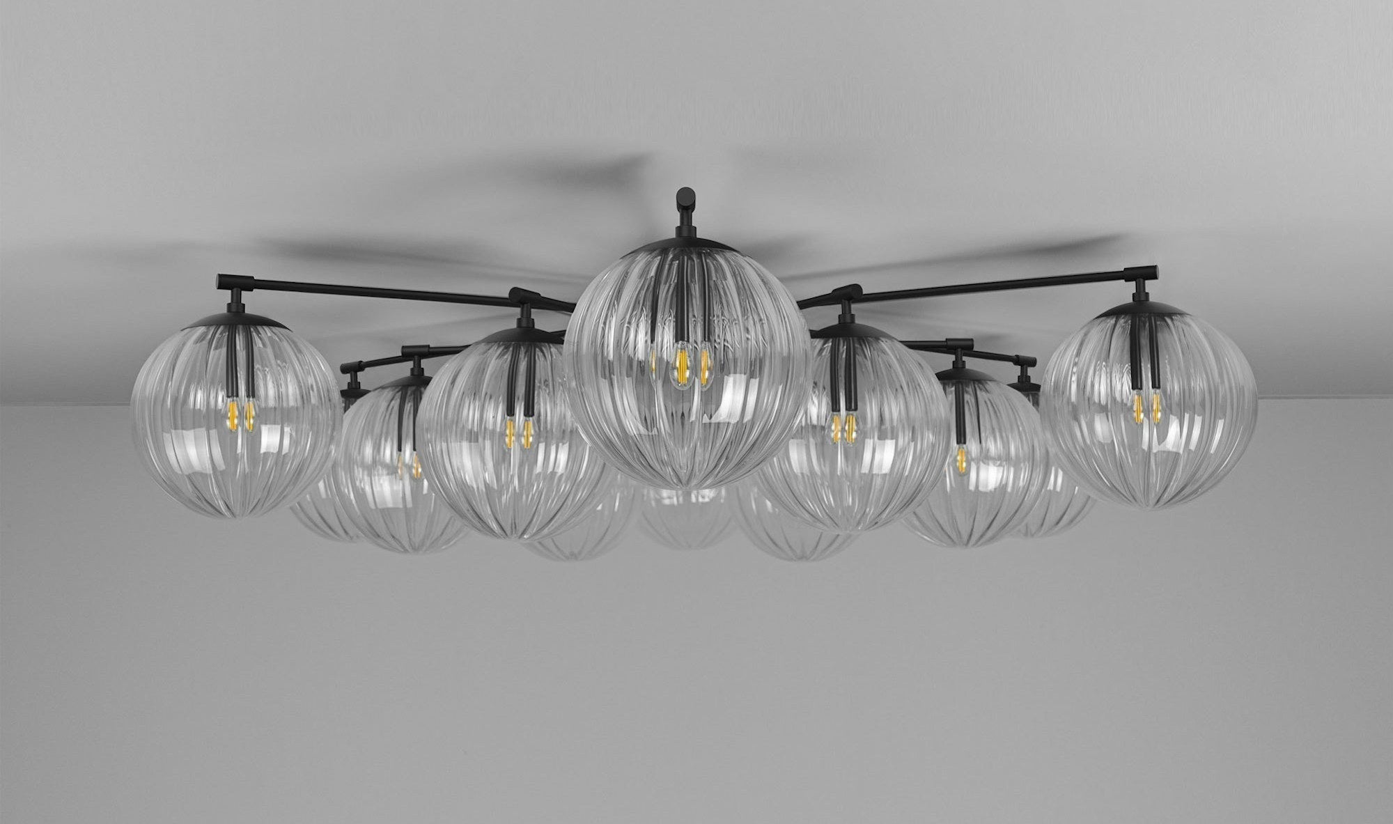Orion Oval Flush Mount Base Chandelier Ø47.8″ - Black gunmetalBorosilicate Transparent Ribbon GlassJoyfuzzy
