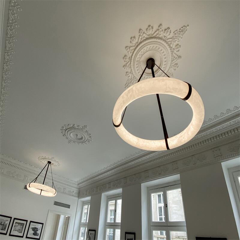 Oslo L1P Pendant Alabaster Chandelier, Halo Ring Chandelier With canopy Over Dining Table - 23.6" D Single RingJoyfuzzy