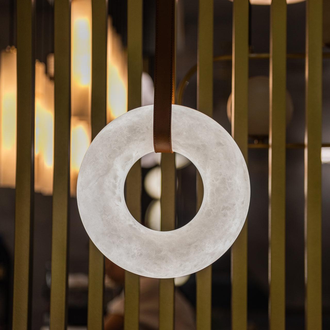 Oslo Pendant Alabaster Chandelier, Halo Ring Chandelier With Leather - 19.7" D Single RingJoyfuzzy