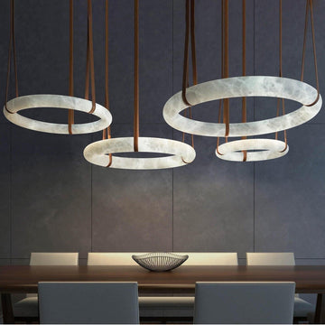 Oslo Pendant Alabaster Chandelier, Halo Ring Chandelier With Leather - 23.6" D Single RingJoyfuzzy