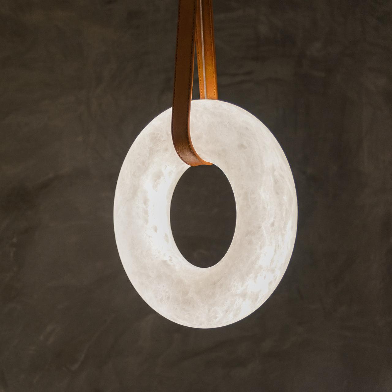 Oslo Pendant Alabaster Chandelier, Halo Ring Chandelier With Leather - 11.8" D Single RingJoyfuzzy