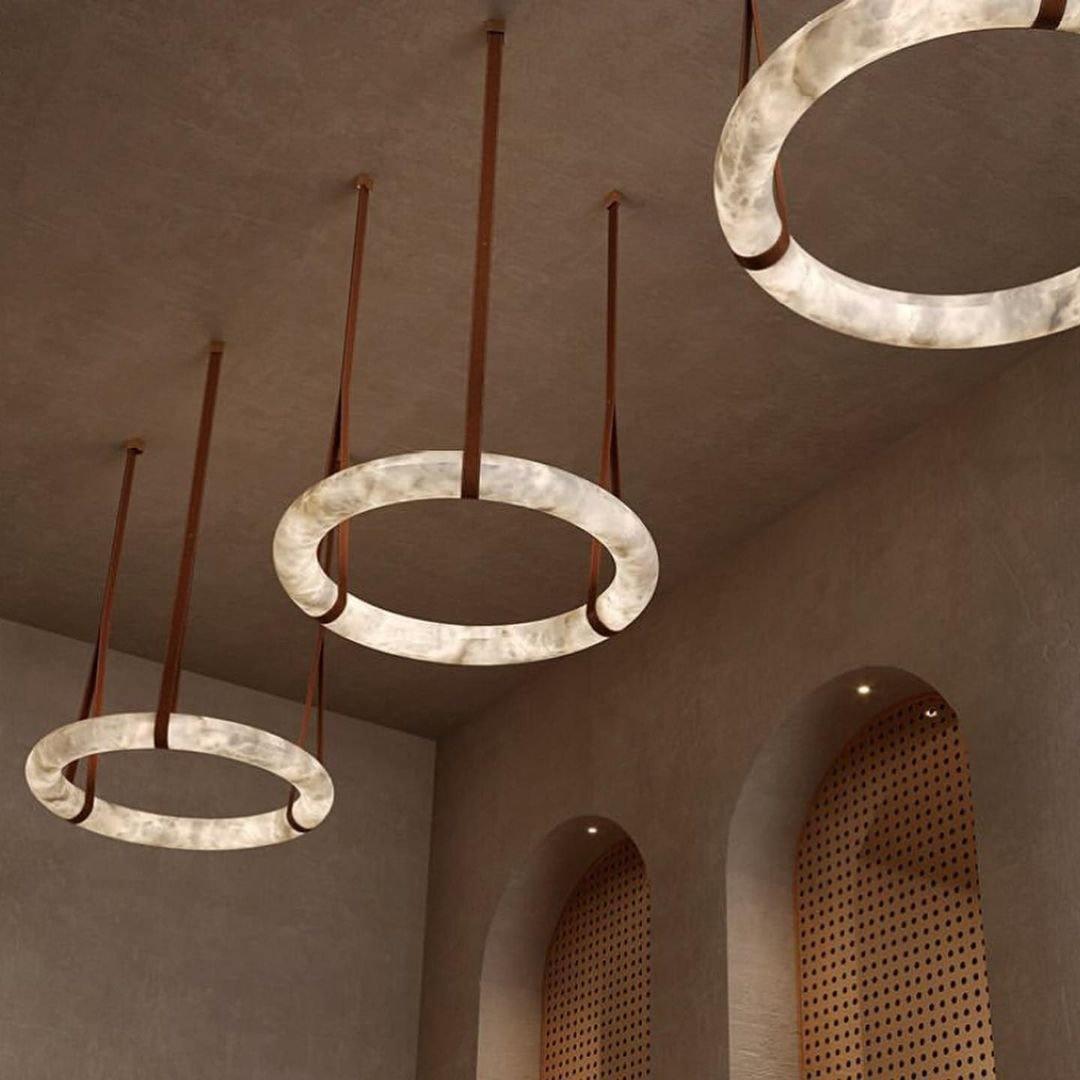 Oslo Pendant Alabaster Chandelier, Halo Ring Chandelier With Leather - 23.6" D Single RingJoyfuzzy