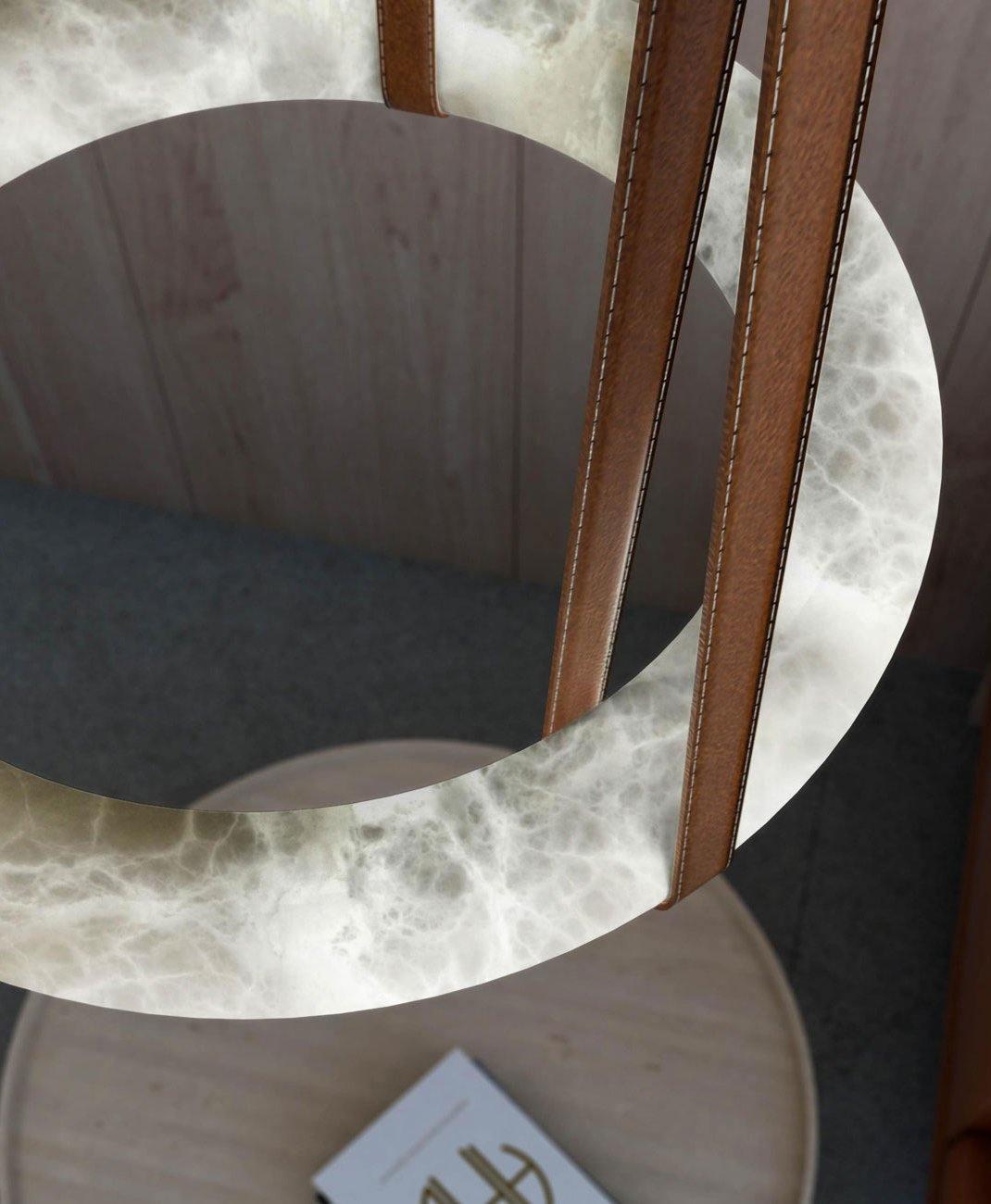 Oslo Pendant Alabaster Chandelier, Halo Ring Chandelier With Leather - 19.7" D Single RingJoyfuzzy