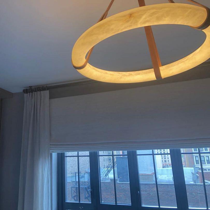 Oslo Pendant Alabaster Chandelier, Halo Ring Chandelier With Leather - 19.7" D Single RingJoyfuzzy