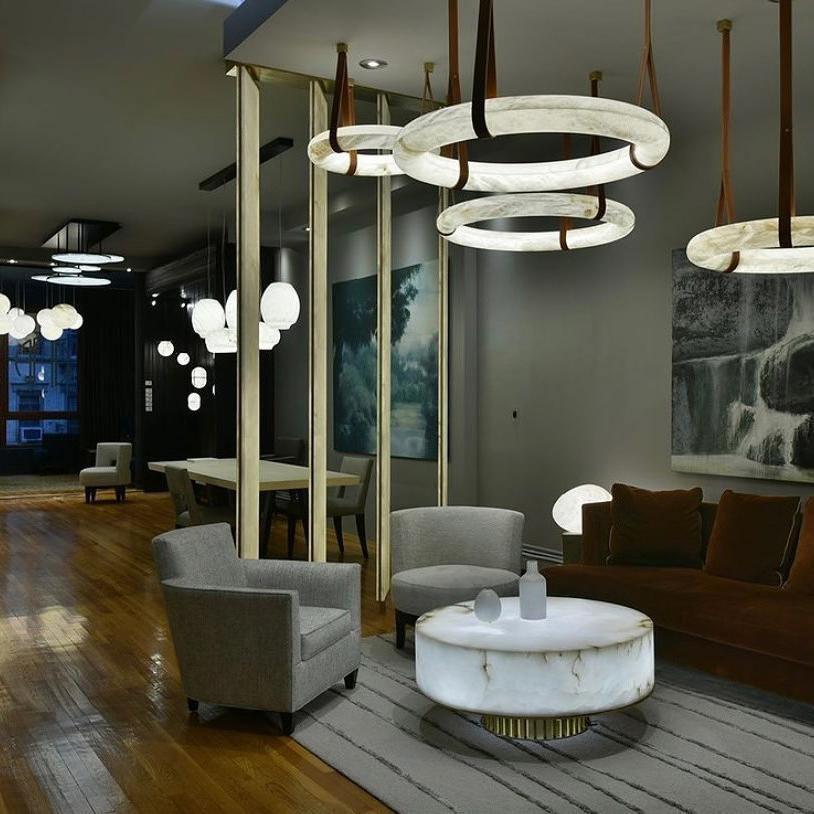 Oslo Pendant Alabaster Chandelier, Halo Ring Chandelier With Leather - 19.7" D Single RingJoyfuzzy