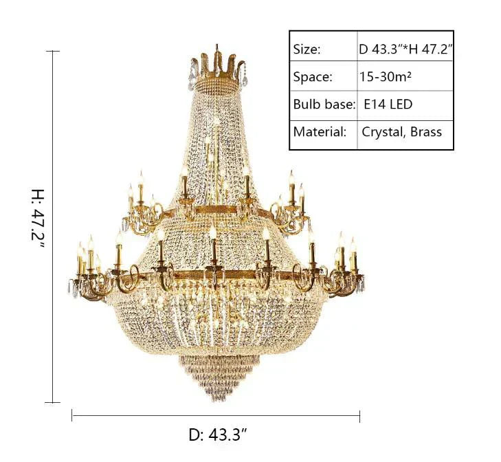 Oversized Luxury Double-layers Golden French Style Crystal Chandelier for Living/Dinning Room/Foyer/Hallway/Staircase-D: 43.3"*H: 47.2"-Warm Light-