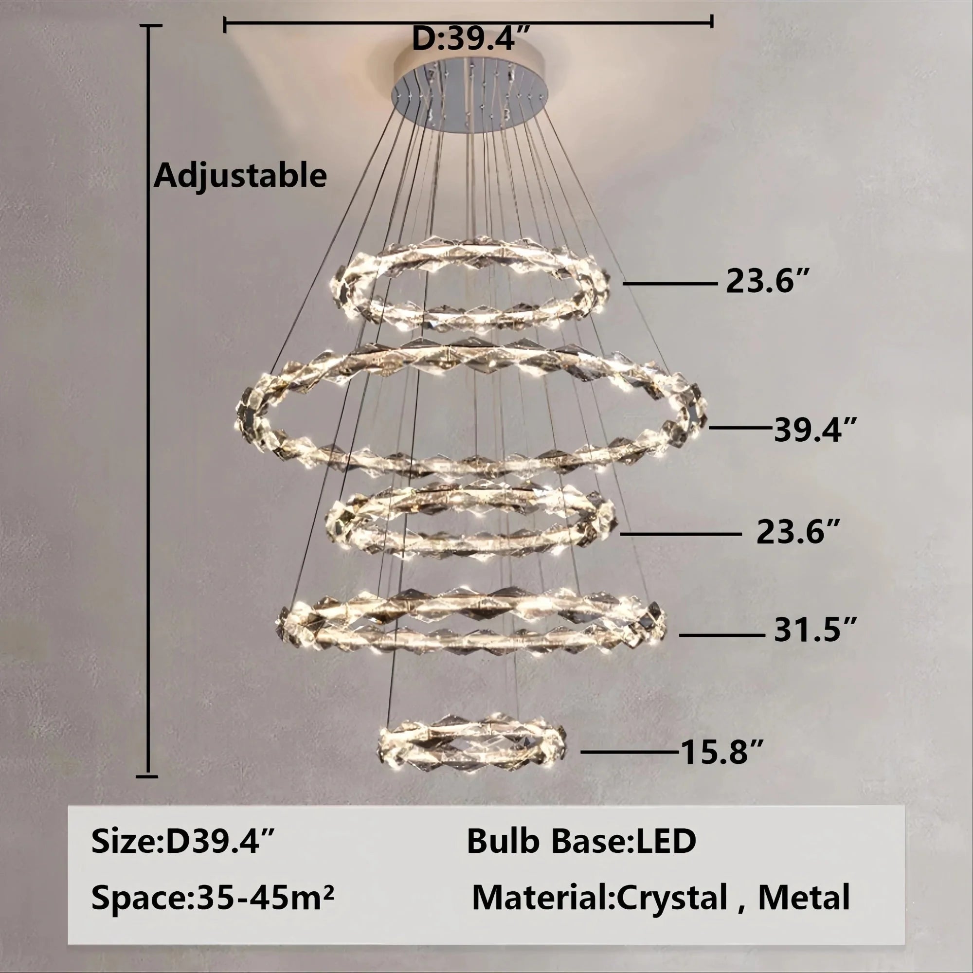Oversized Multi - Tiered Rings Crystal Chandelier Modern Clear and Grey Crystal Ceiling Light Fixture For Staircase/Foyer/Hallway/Entryway - 5 Layers: D39.4"*H118.1"Warm LightJoyfuzzy