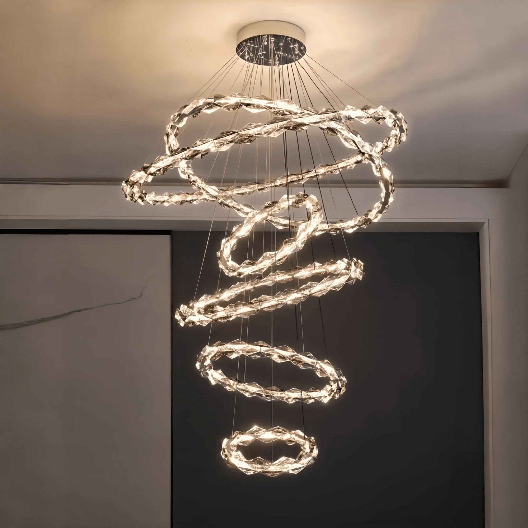 Oversized Multi - Tiered Rings Crystal Chandelier Modern Clear and Grey Crystal Ceiling Light Fixture For Staircase/Foyer/Hallway/Entryway - 5 Layers: D39.4"*H118.1"Warm LightJoyfuzzy