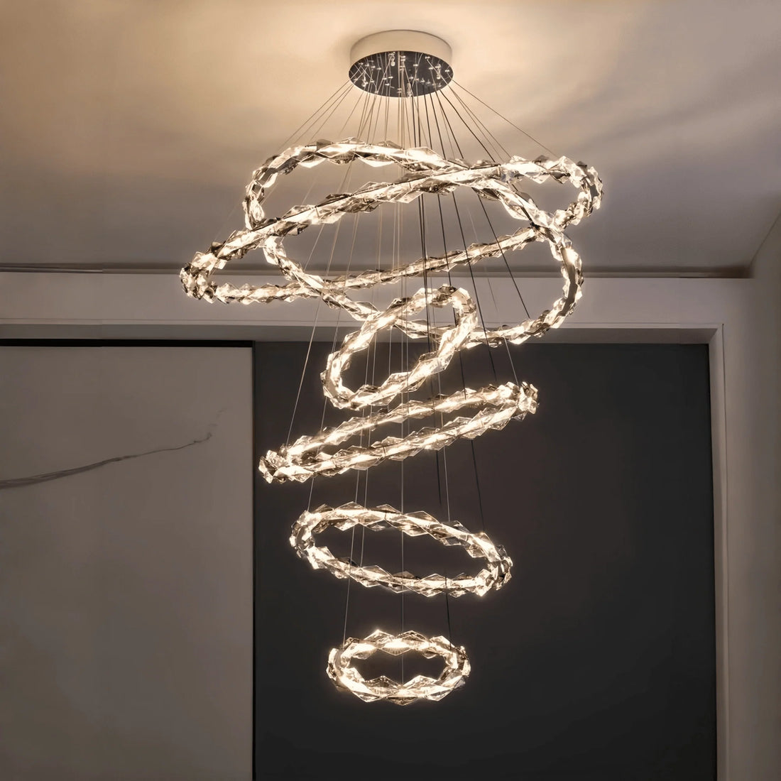 Oversized Multi - Tiered Rings Crystal Chandelier Modern Clear and Grey Crystal Ceiling Light Fixture For Staircase/Foyer/Hallway/Entryway - 5 Layers: D39.4"*H118.1"Warm LightJoyfuzzy