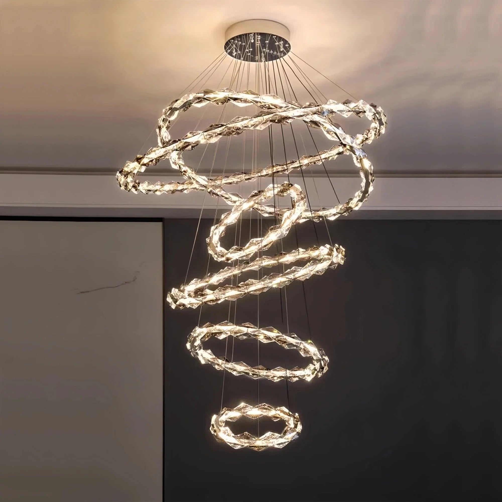 Oversized Multi - Tiered Rings Crystal Chandelier Modern Clear and Grey Crystal Ceiling Light Fixture For Staircase/Foyer/Hallway/Entryway - 5 Layers: D39.4"*H118.1"Warm LightJoyfuzzy