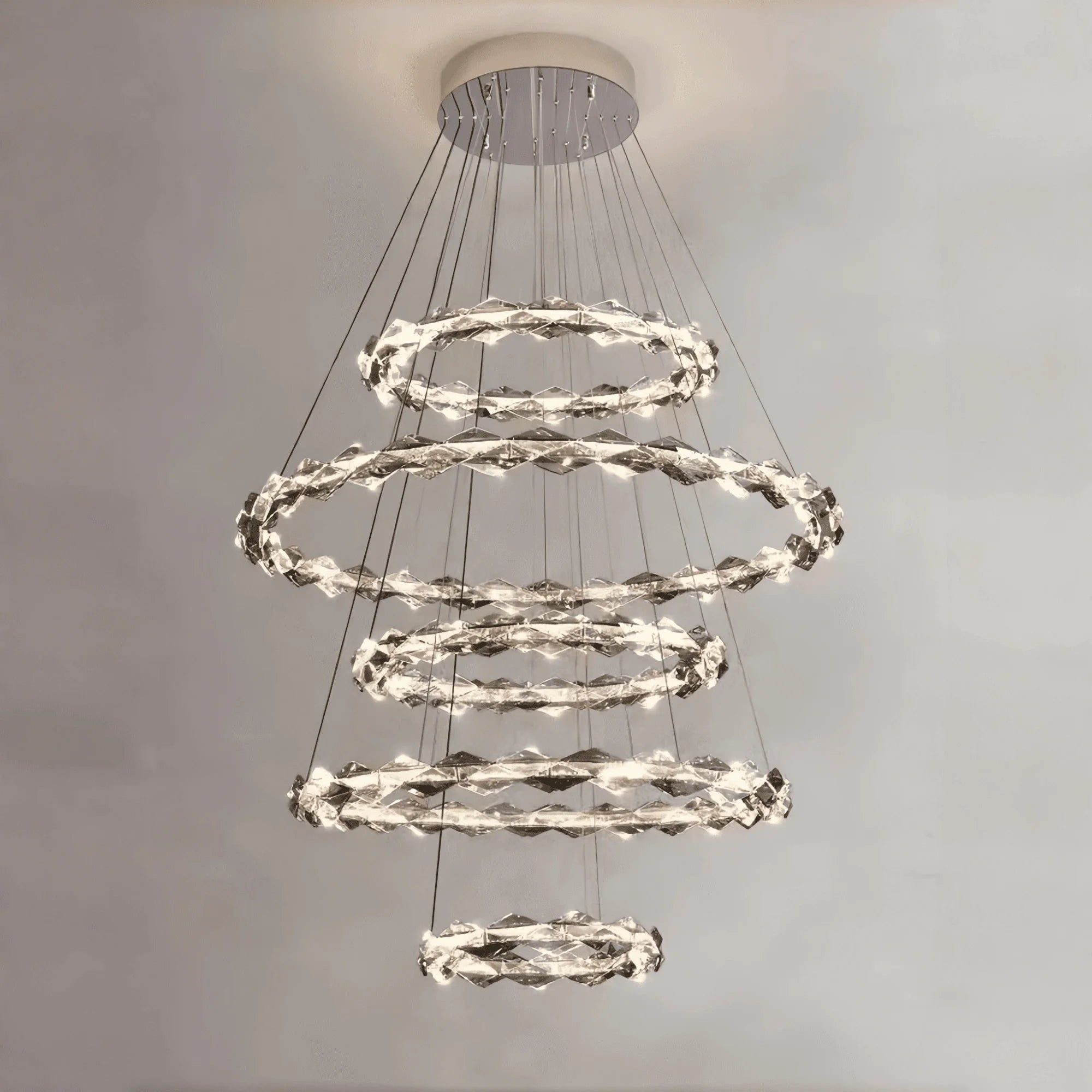 Oversized Multi - Tiered Rings Crystal Chandelier Modern Clear and Grey Crystal Ceiling Light Fixture For Staircase/Foyer/Hallway/Entryway - 5 Layers: D39.4"*H118.1"Warm LightJoyfuzzy
