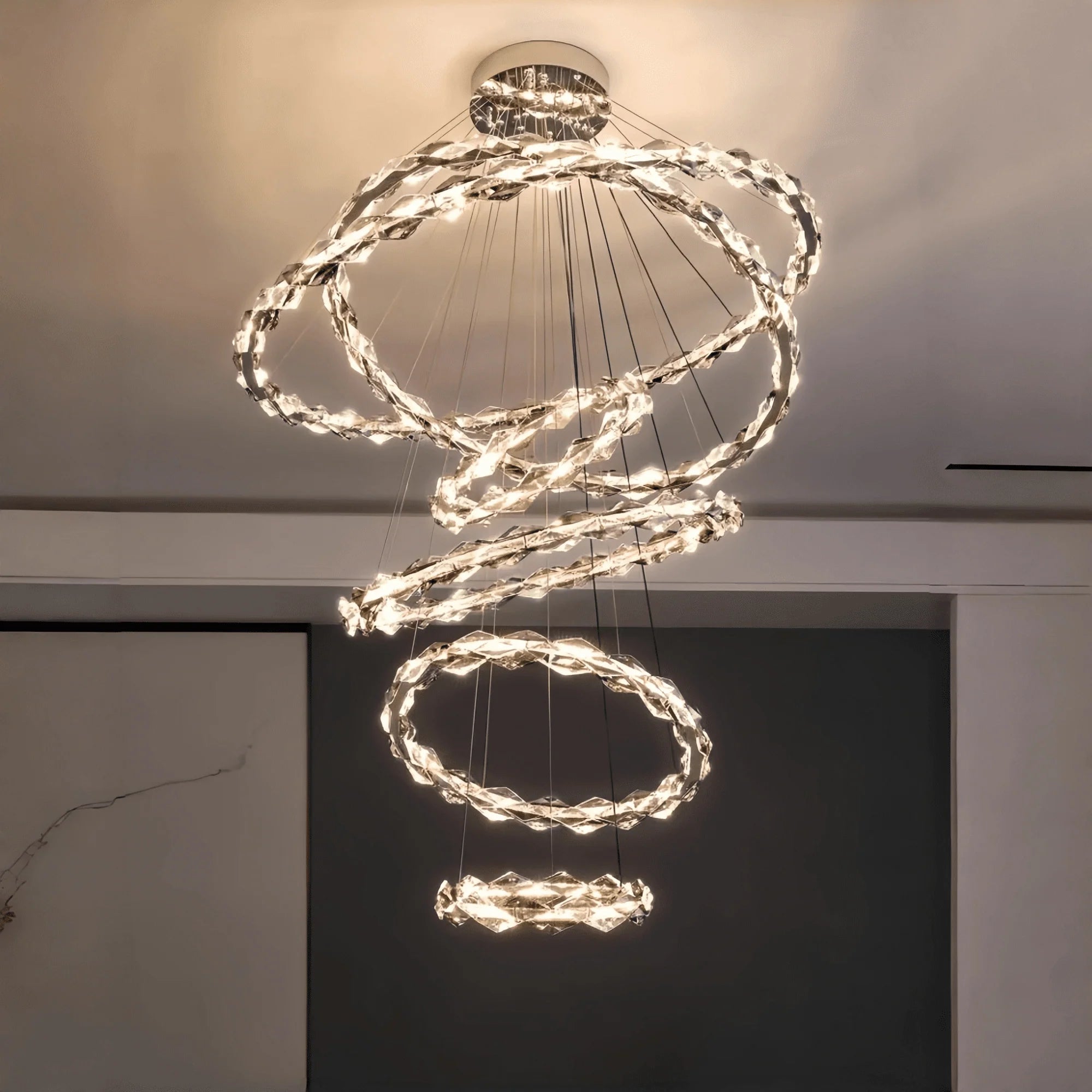 Oversized Multi - Tiered Rings Crystal Chandelier Modern Clear and Grey Crystal Ceiling Light Fixture For Staircase/Foyer/Hallway/Entryway - 5 Layers: D39.4"*H118.1"Warm LightJoyfuzzy