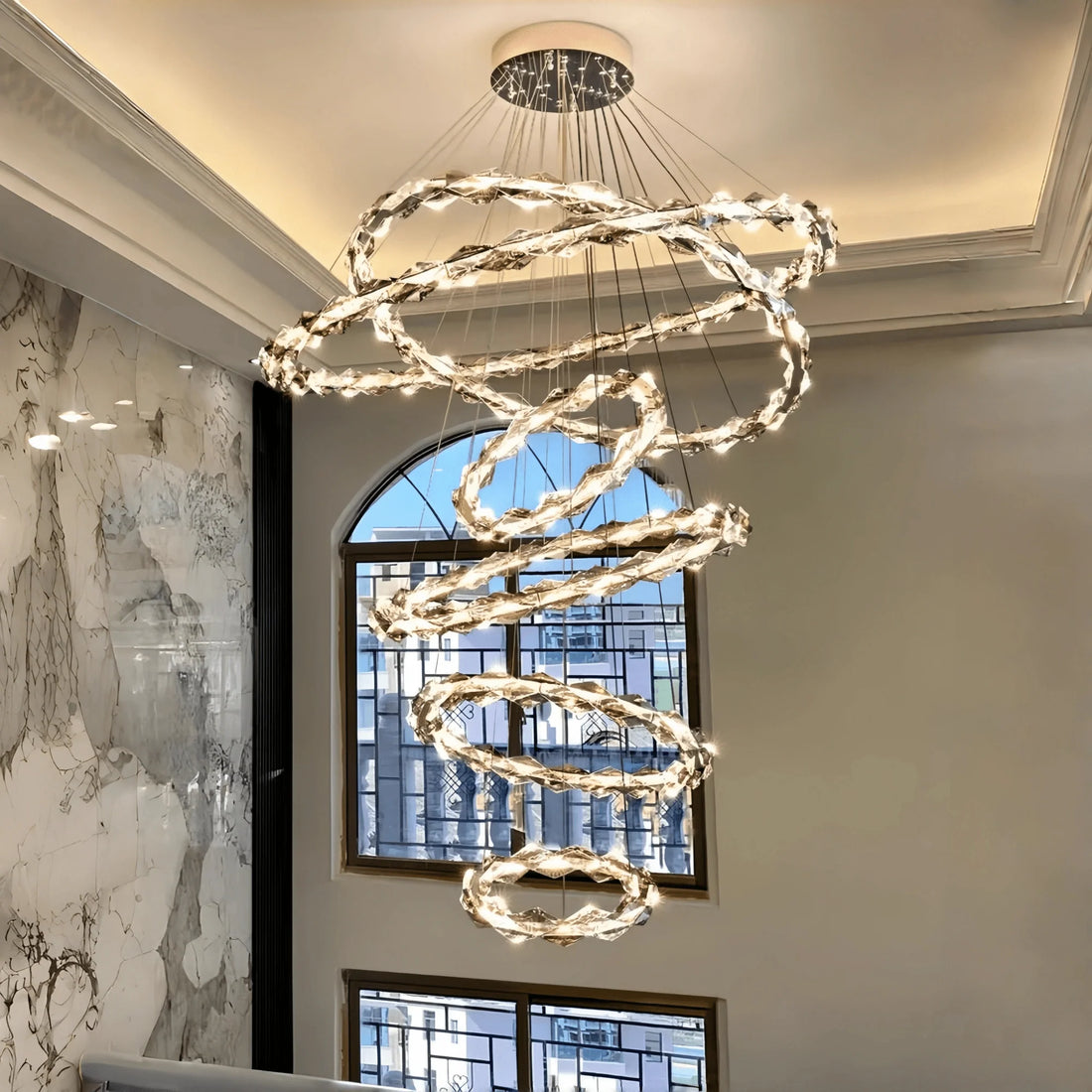 Oversized Multi - Tiered Rings Crystal Chandelier Modern Clear and Grey Crystal Ceiling Light Fixture For Staircase/Foyer/Hallway/Entryway - 5 Layers: D39.4"*H118.1"Warm LightJoyfuzzy