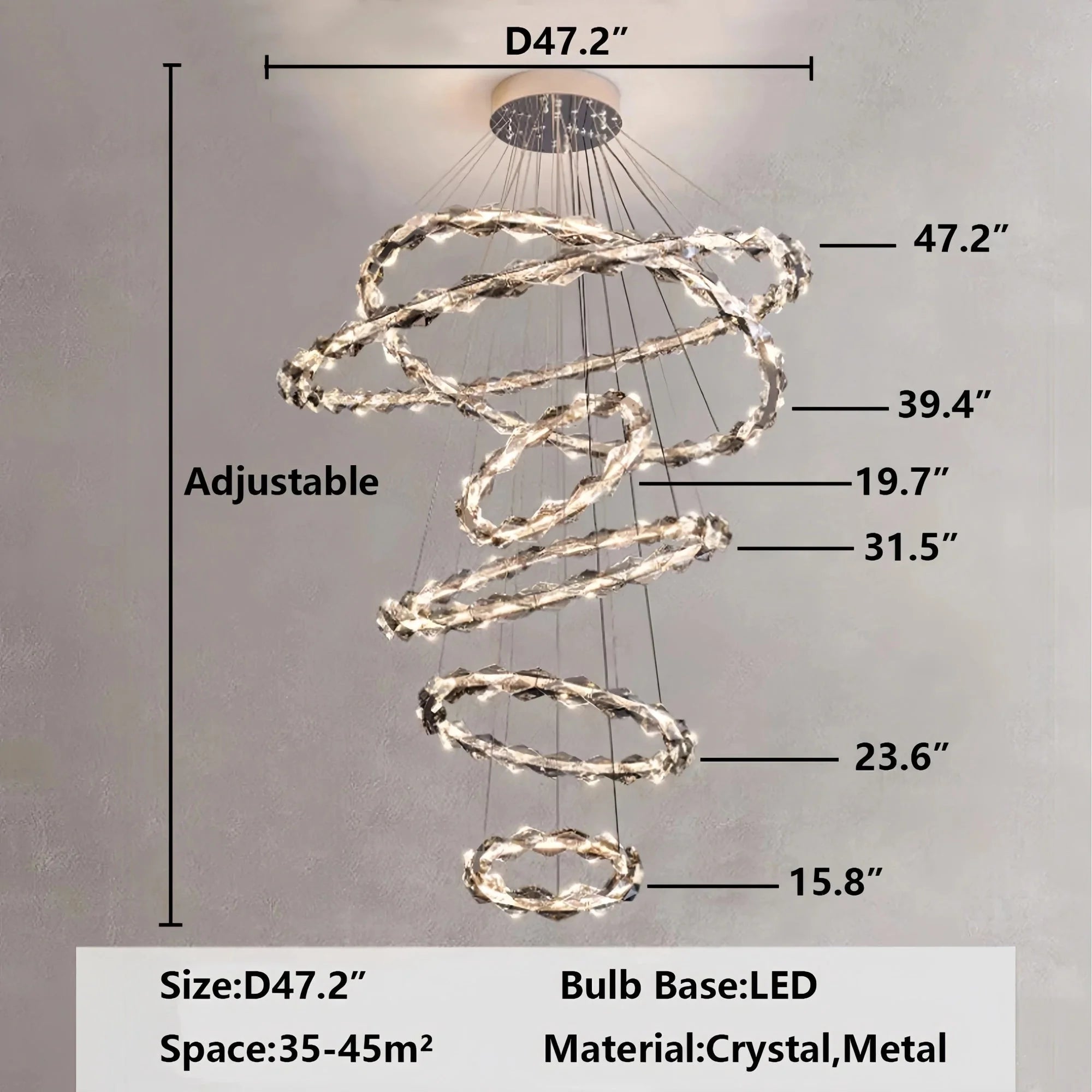 Oversized Multi - Tiered Rings Crystal Chandelier Modern Clear and Grey Crystal Ceiling Light Fixture For Staircase/Foyer/Hallway/Entryway - 5 Layers: D39.4"*H118.1"Warm LightJoyfuzzy