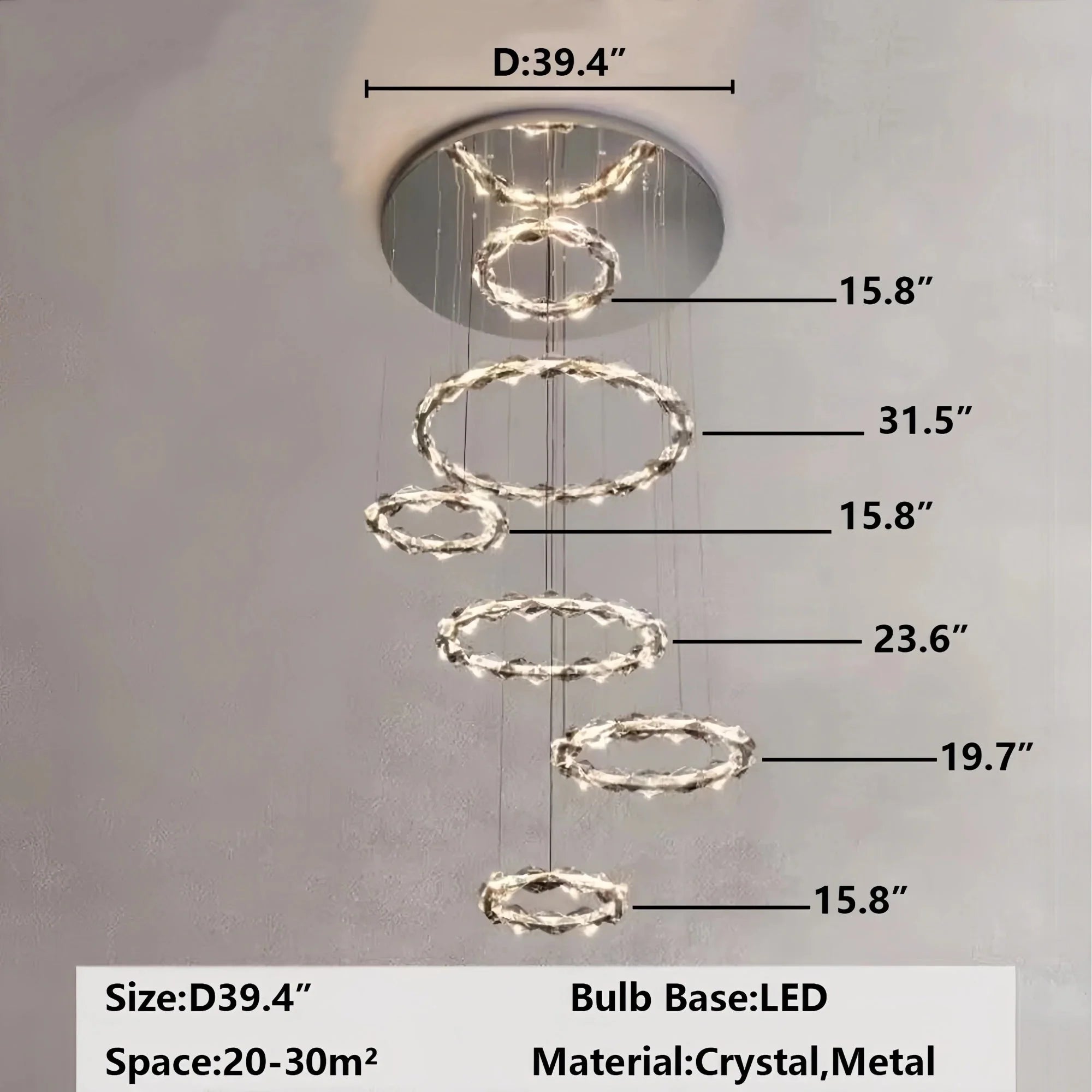 Oversized Multi - Tiered Rings Crystal Chandelier Modern Clear and Grey Crystal Ceiling Light Fixture For Staircase/Foyer/Hallway/Entryway - 5 Layers: D39.4"*H118.1"Warm LightJoyfuzzy