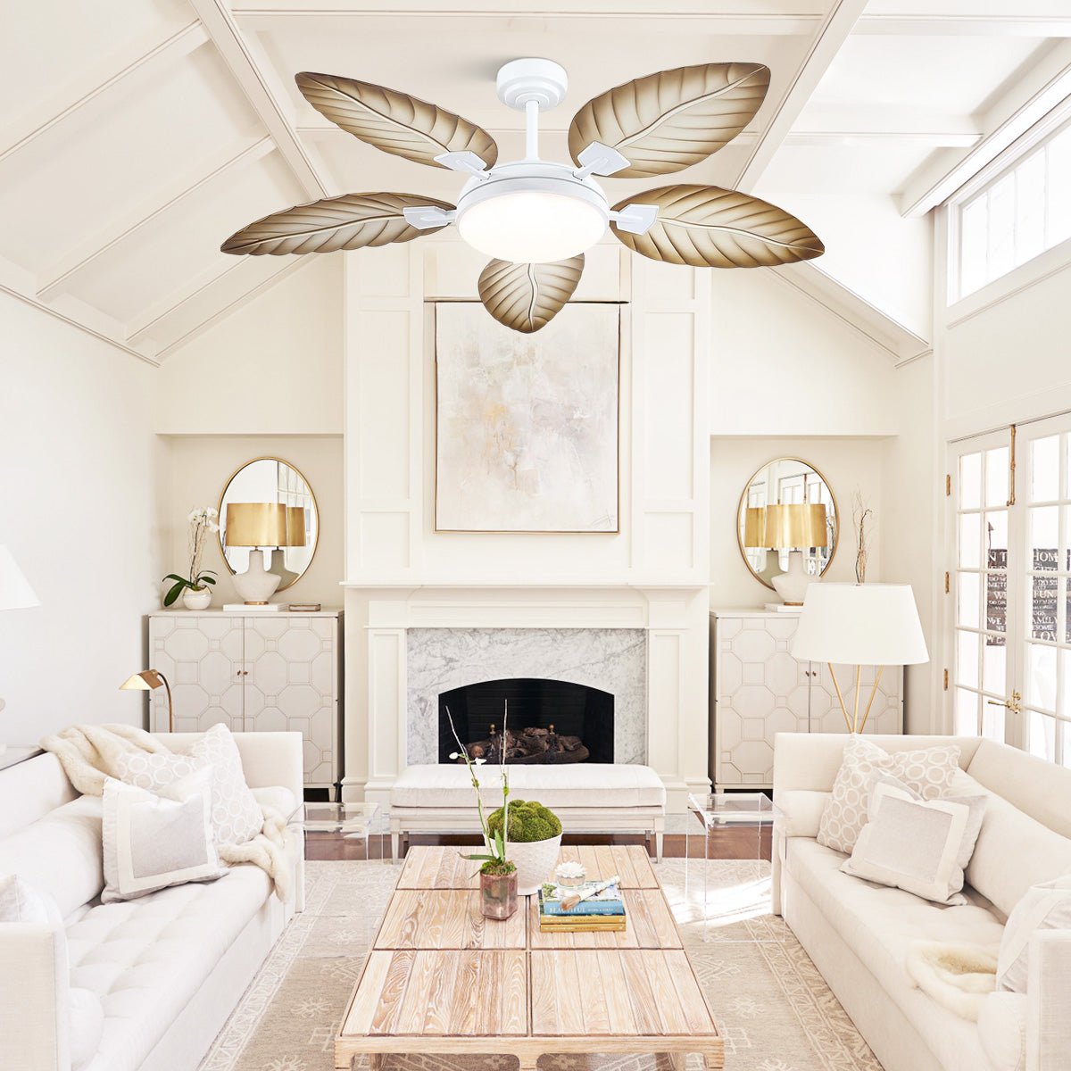 Palm Leaf Ceiling Fans with Lights Tropical Ceiling Fans 6 Speeds Reversible Wood Grain 52" - Joyfuzzy