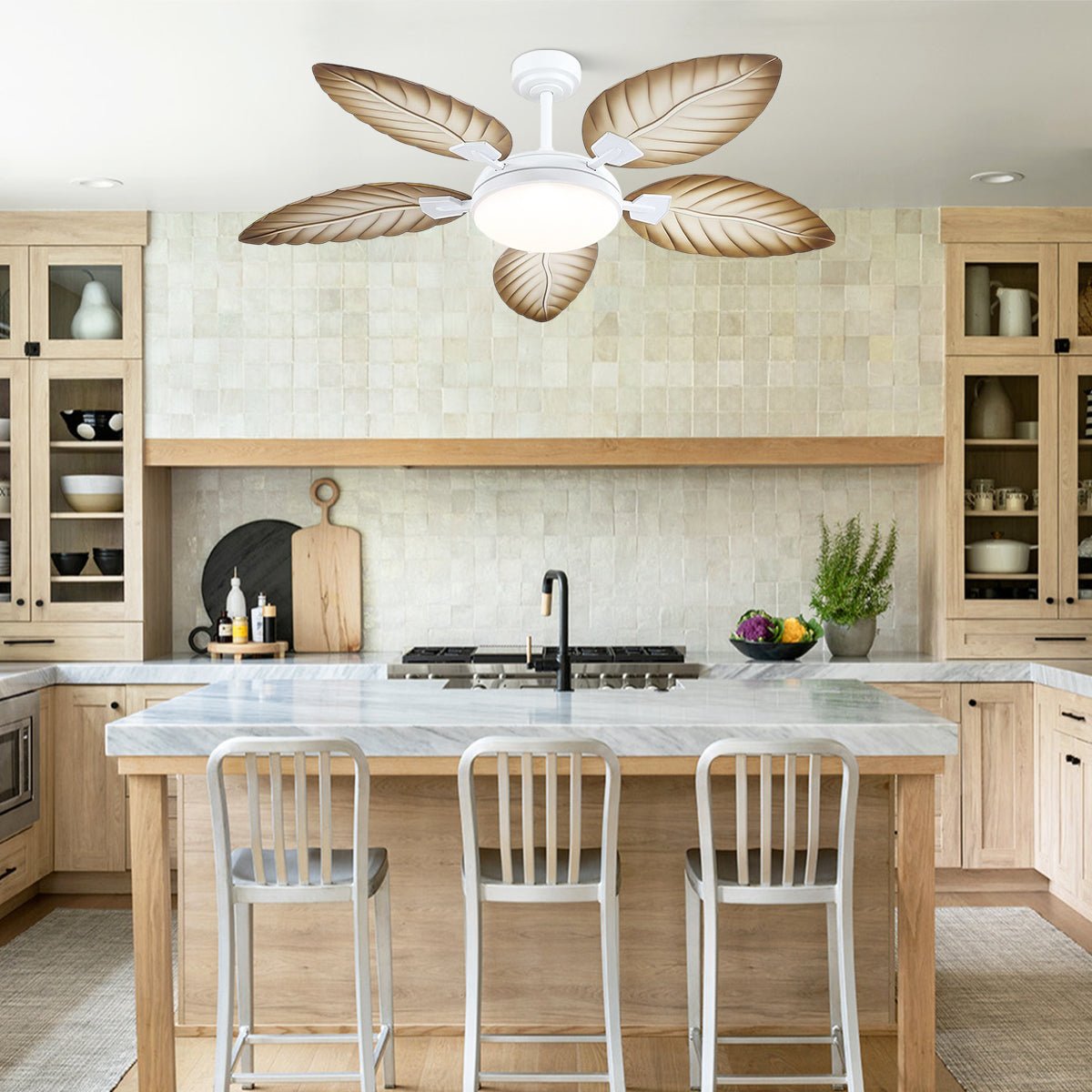 Palm Leaf Ceiling Fans with Lights Tropical Ceiling Fans 6 Speeds Reversible Wood Grain 52" - Joyfuzzy