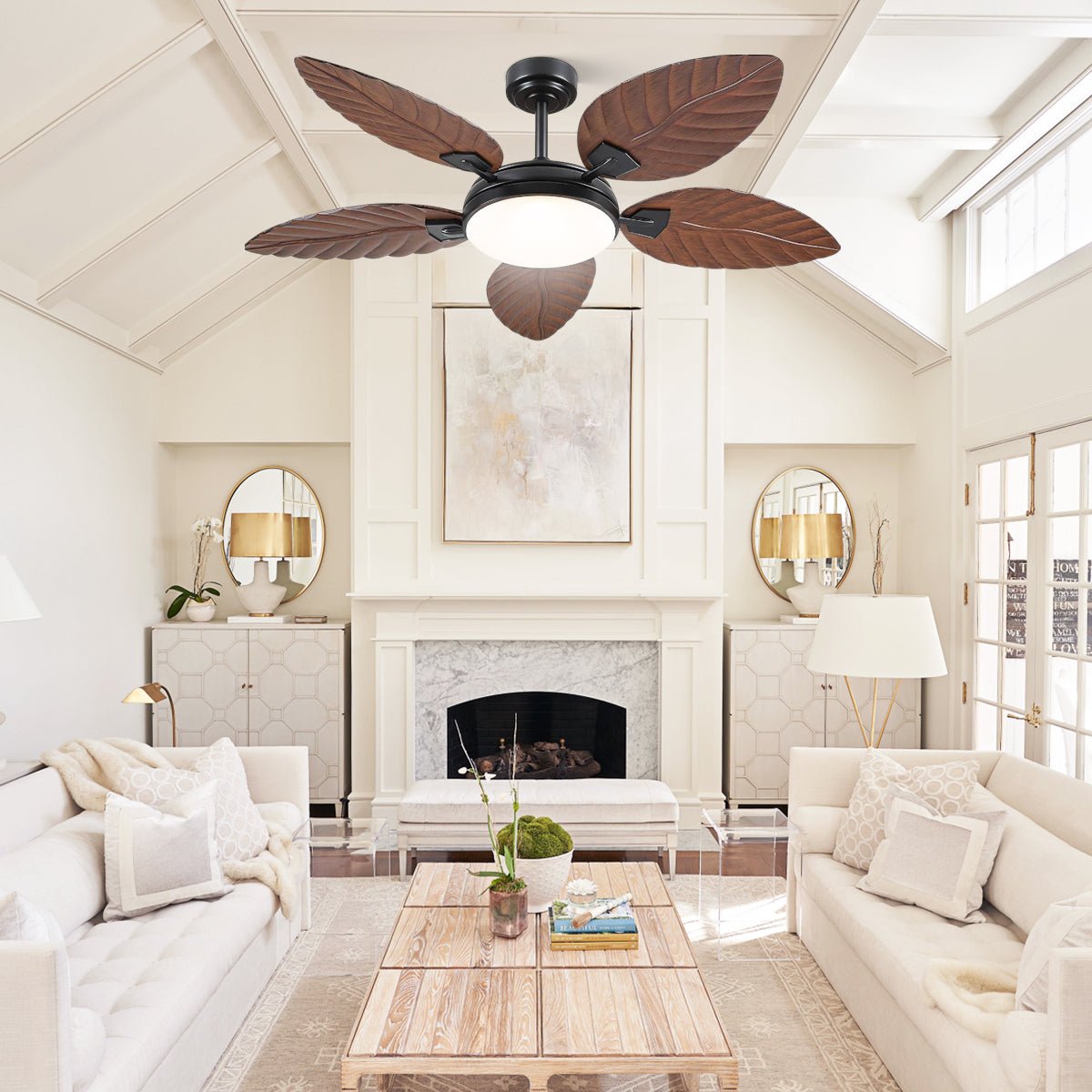Palm Leaf Ceiling Fans with Lights Tropical Ceiling Fans 6 Speeds Reversible Wood Grain 52" - Joyfuzzy