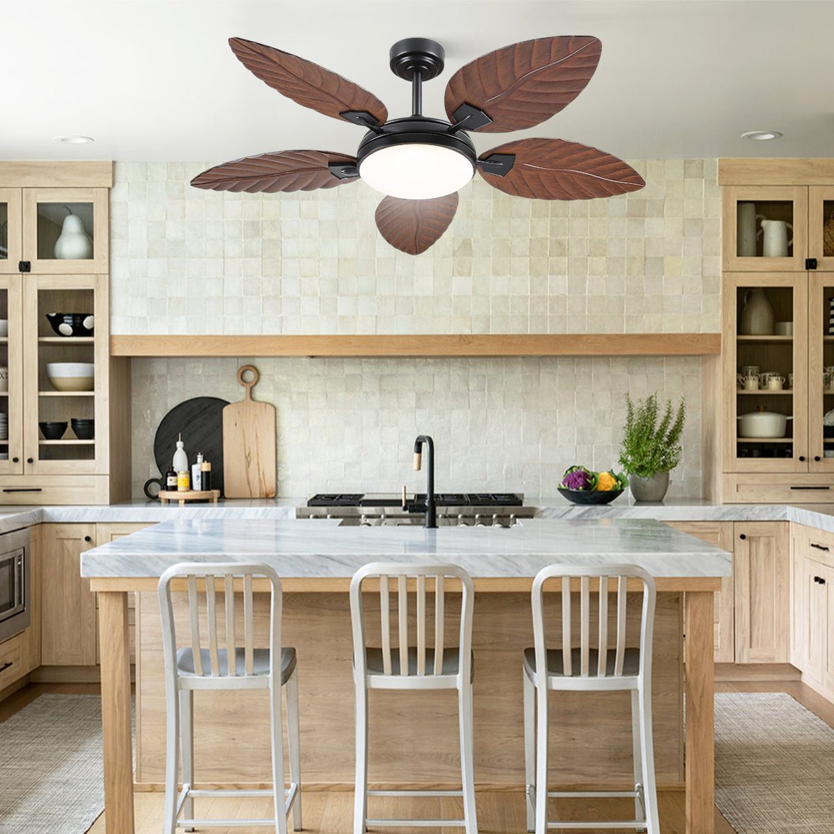 Palm Leaf Ceiling Fans with Lights Tropical Ceiling Fans 6 Speeds Reversible Wood Grain 52" - Joyfuzzy