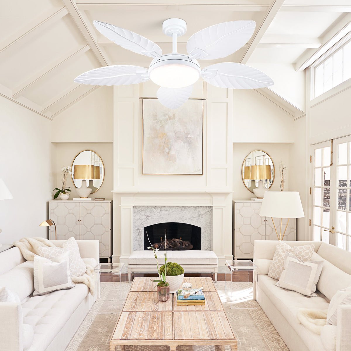 Palm Leaf Ceiling Fans with Lights Tropical Ceiling Fans 6 Speeds Reversible Wood Grain 52" - Joyfuzzy