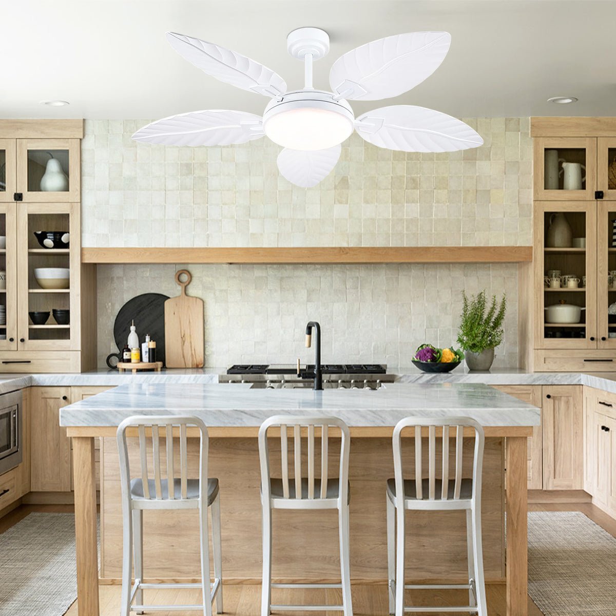 Palm Leaf Ceiling Fans with Lights Tropical Ceiling Fans 6 Speeds Reversible Wood Grain 52" - Joyfuzzy