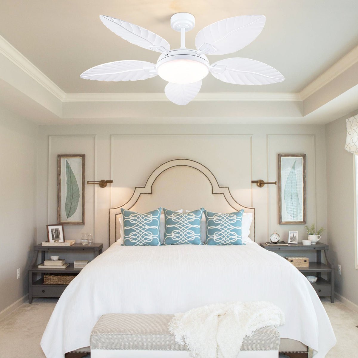 Palm Leaf Ceiling Fans with Lights Tropical Ceiling Fans 6 Speeds Reversible Wood Grain 52" - Joyfuzzy