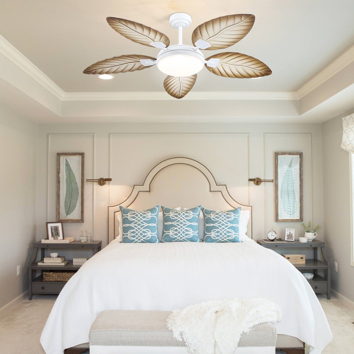 Palm Leaf Ceiling Fans with Lights Tropical Ceiling Fans 6 Speeds Reversible Wood Grain 52" - Joyfuzzy