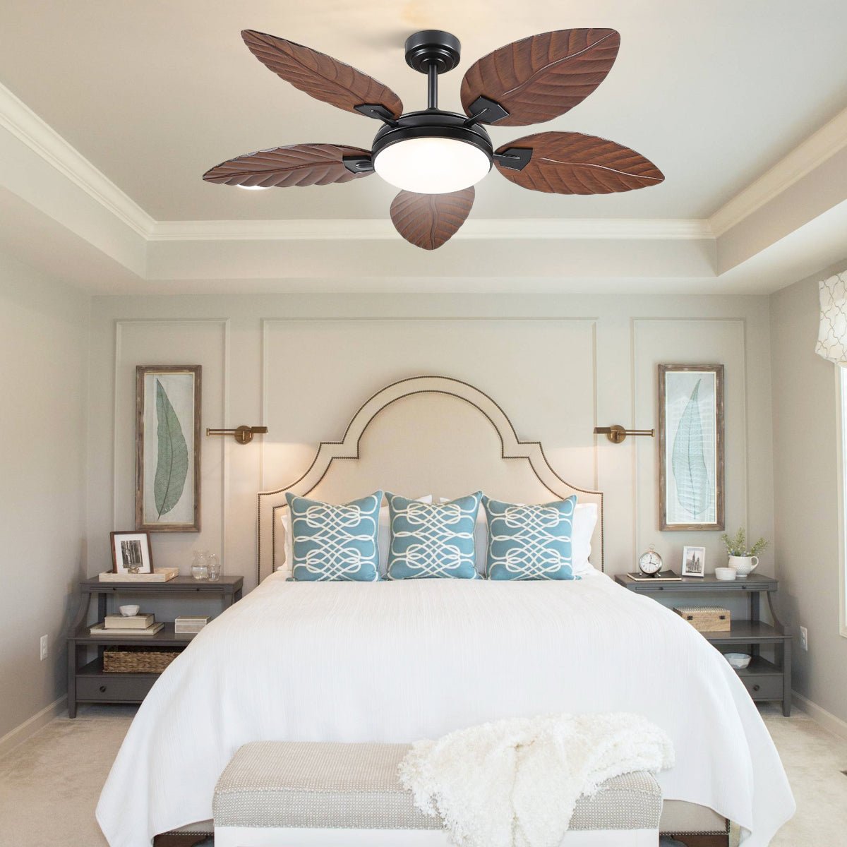 Palm Leaf Ceiling Fans with Lights Tropical Ceiling Fans 6 Speeds Reversible Wood Grain 52" - Joyfuzzy