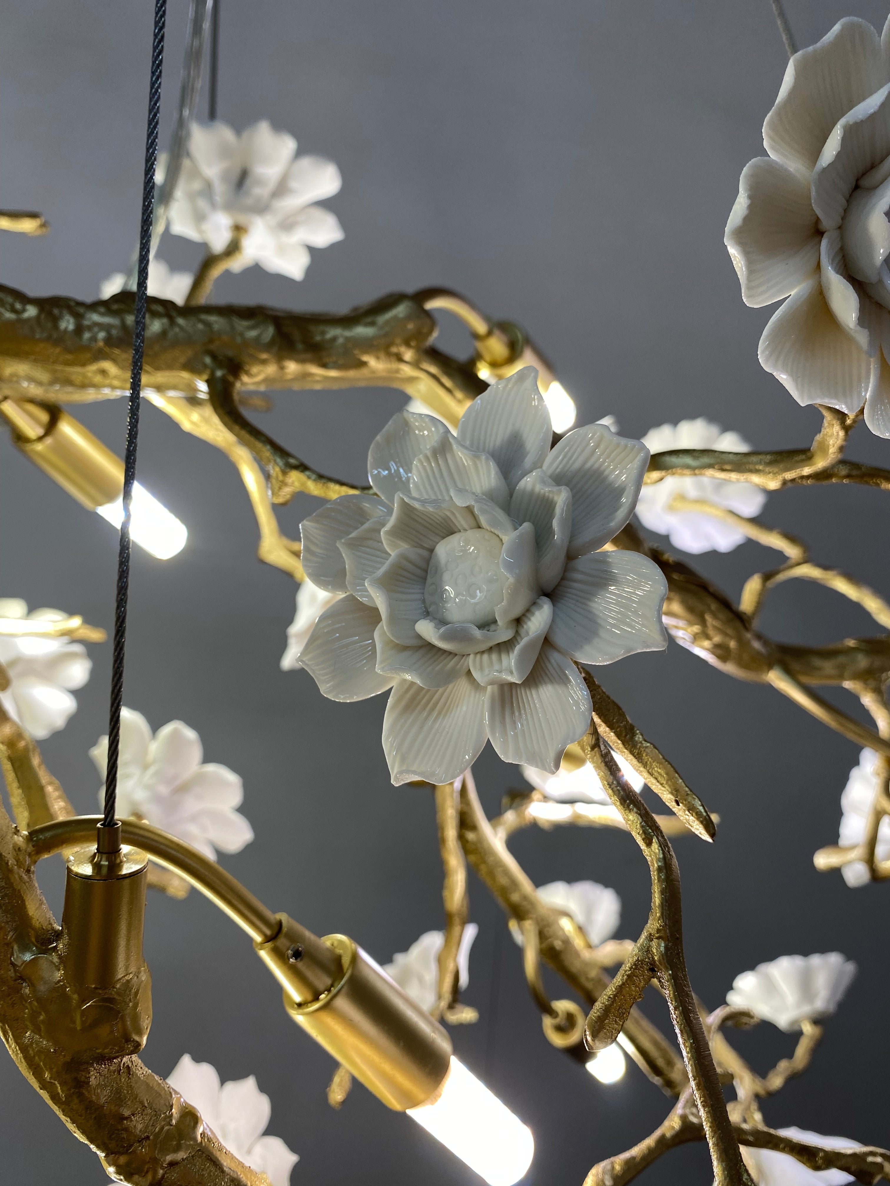 Post - Modern Art Brass and Ceramics Flower Pendant Branch Chandelier for Living/Dining Room - L49.2"*W19.7"*H21.7"Warm LightJoyfuzzy