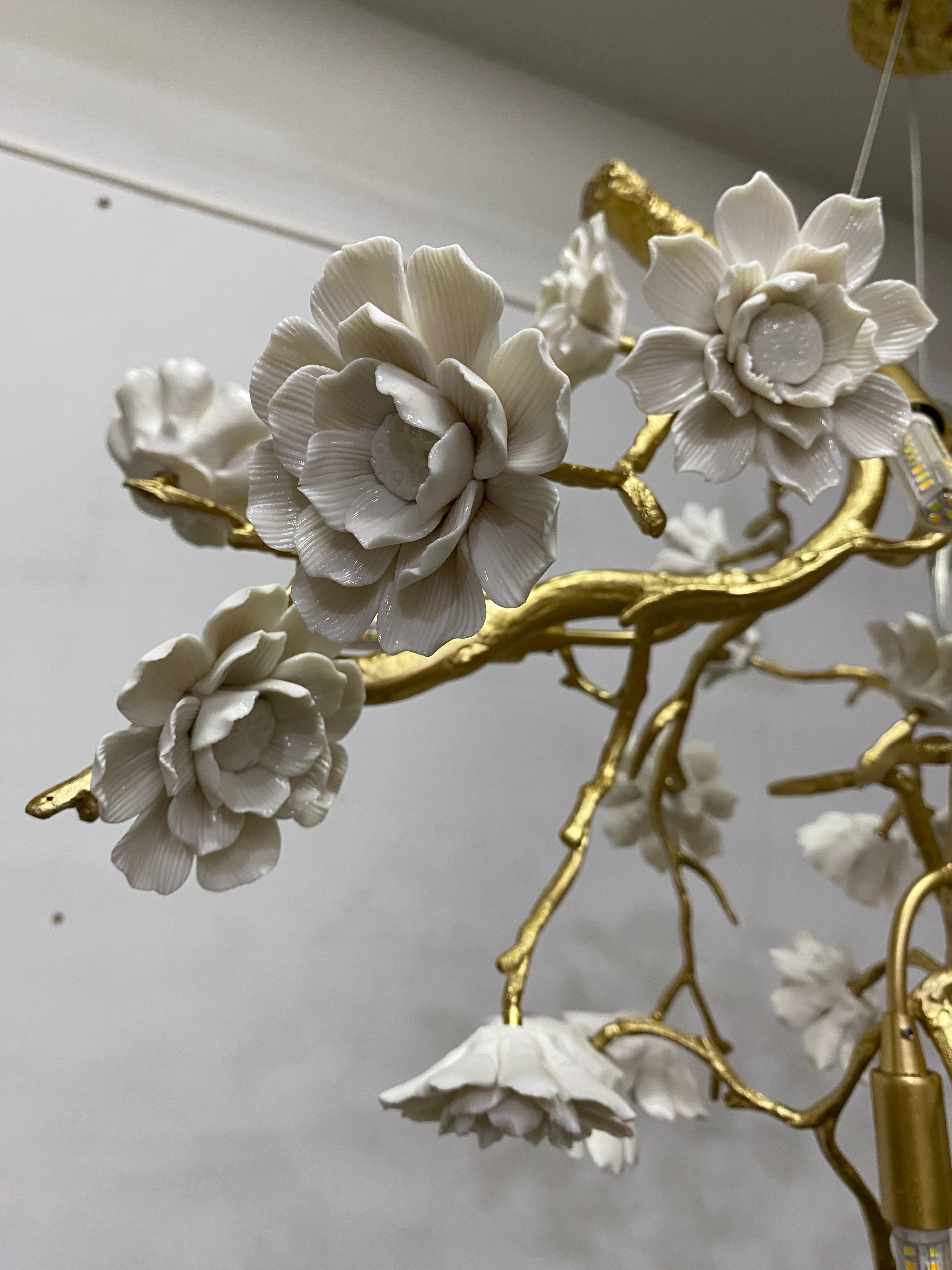 Post - Modern Art Brass and Ceramics Flower Pendant Branch Chandelier for Living/Dining Room - L49.2"*W19.7"*H21.7"Warm LightJoyfuzzy