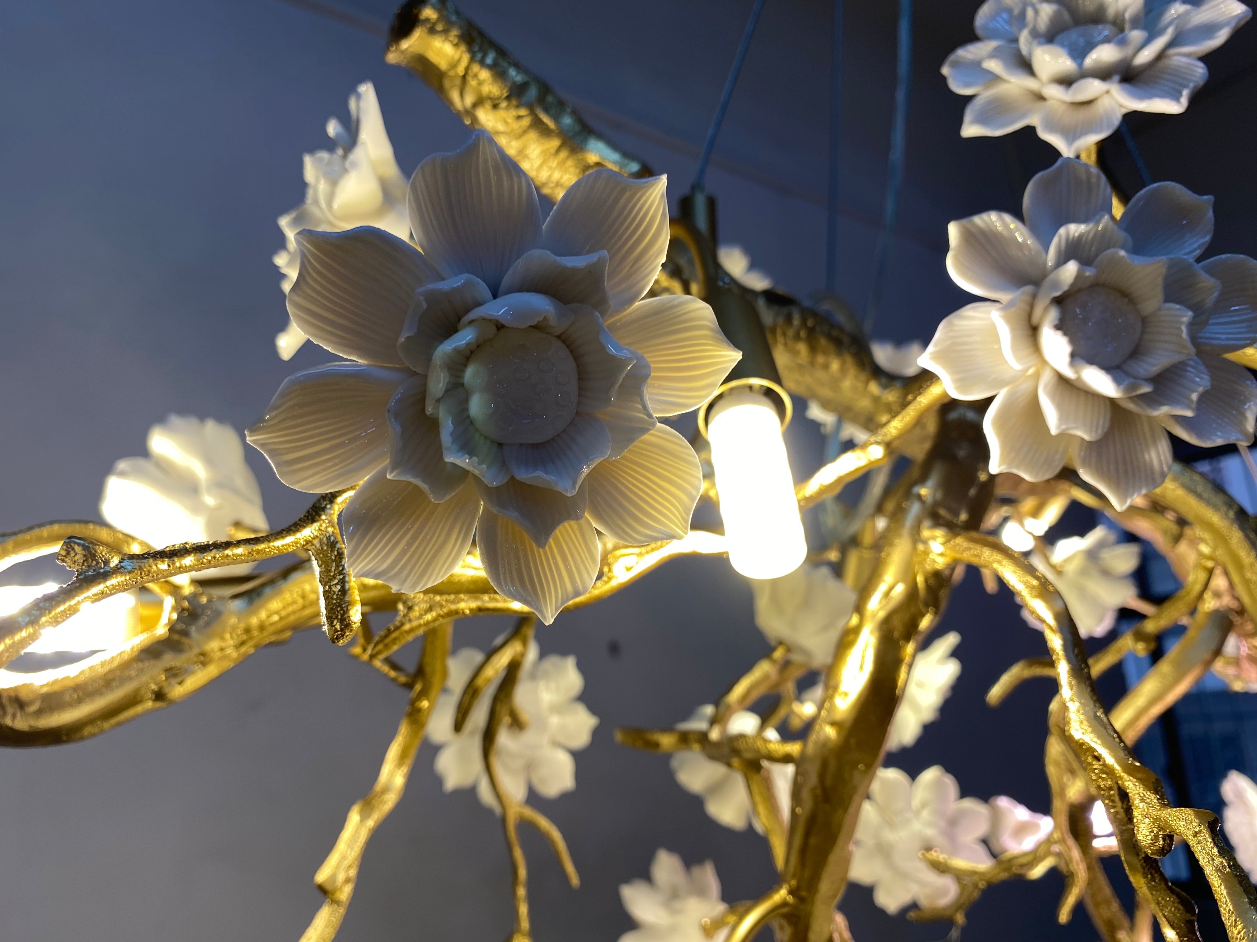 Post - Modern Art Brass and Ceramics Flower Pendant Branch Chandelier for Living/Dining Room - L49.2"*W19.7"*H21.7"Warm LightJoyfuzzy