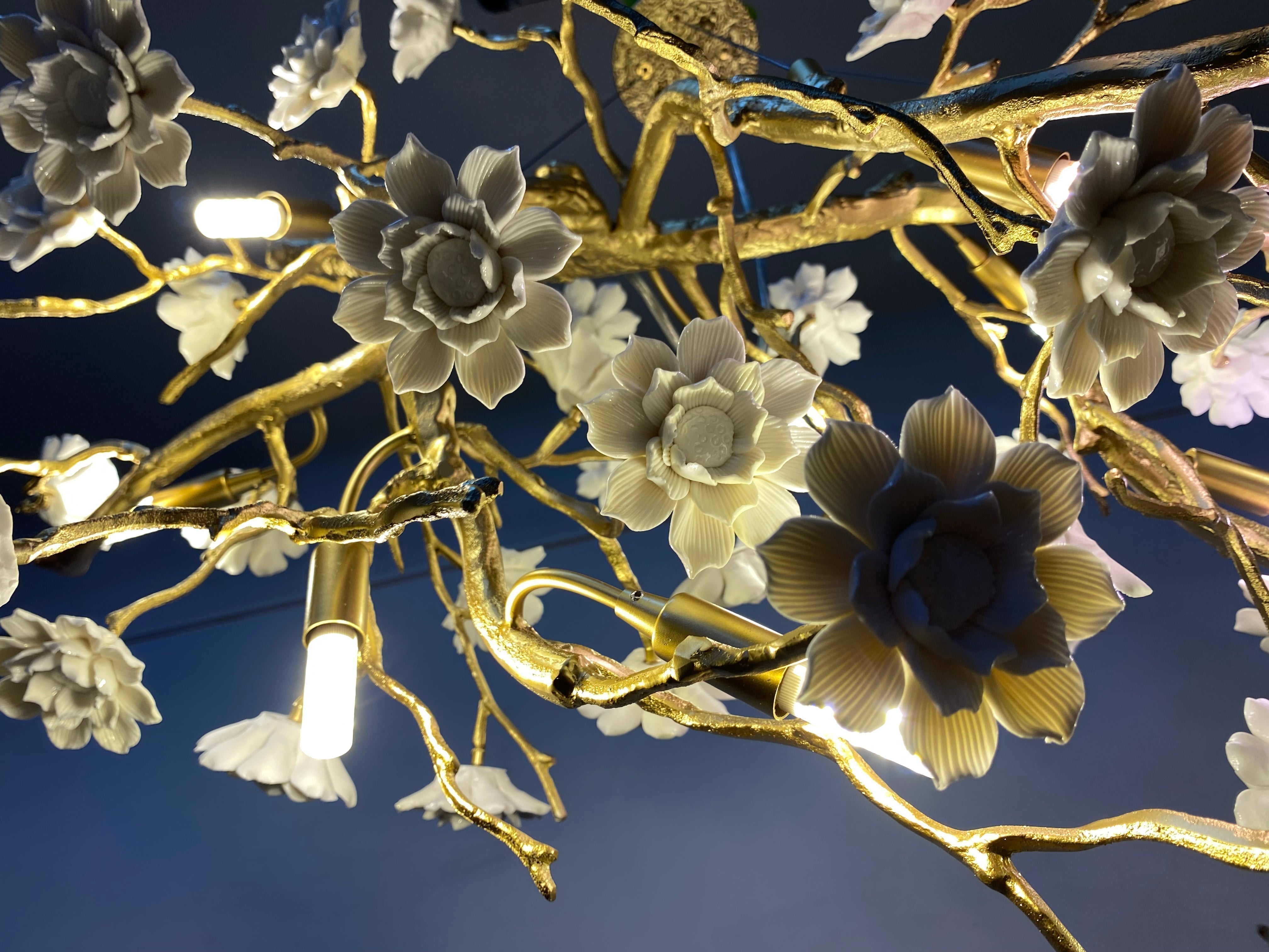 Post - Modern Art Brass and Ceramics Flower Pendant Branch Chandelier for Living/Dining Room - L49.2"*W19.7"*H21.7"Warm LightJoyfuzzy