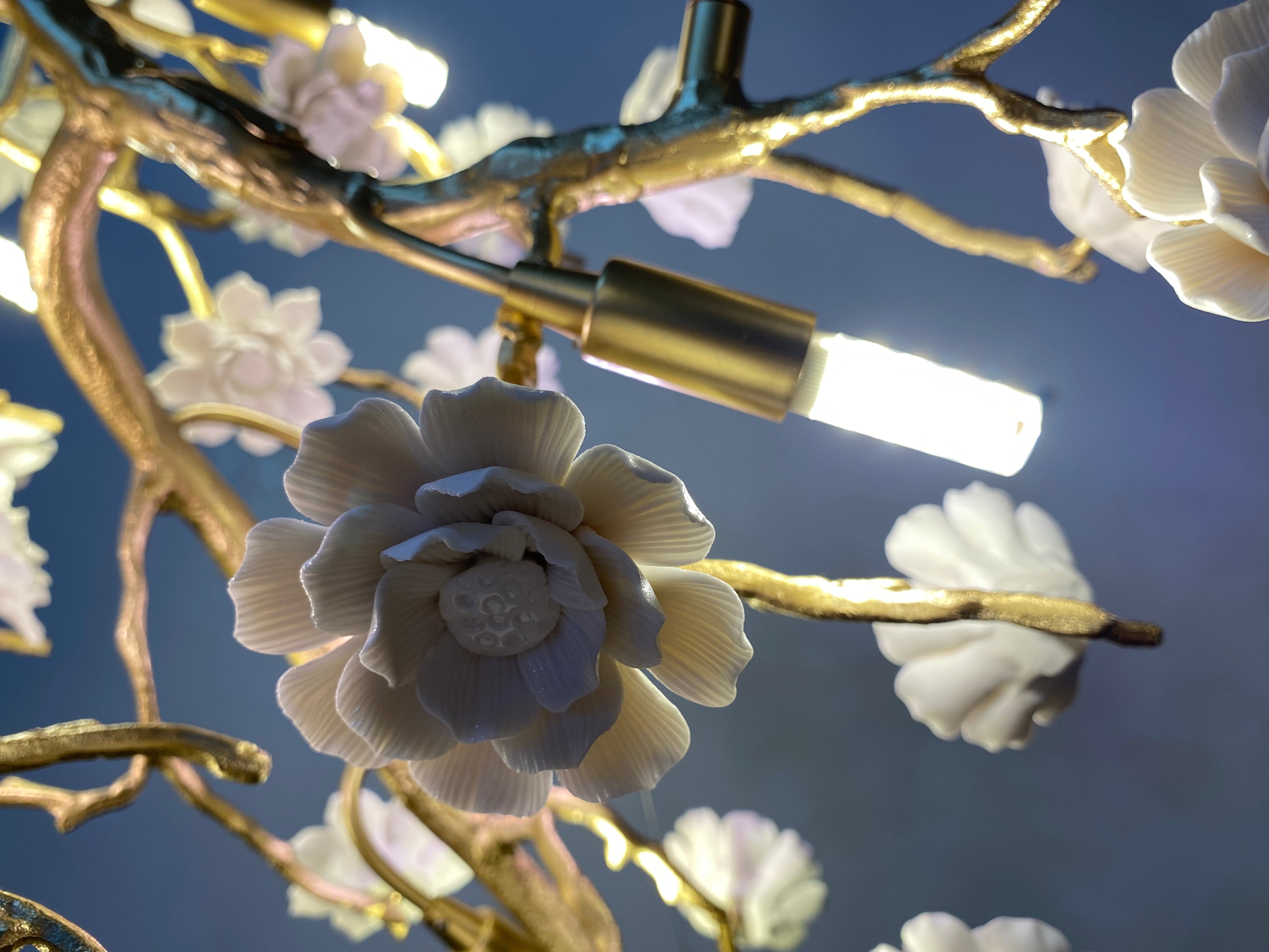 Post - Modern Art Brass and Ceramics Flower Pendant Branch Chandelier for Living/Dining Room - L49.2"*W19.7"*H21.7"Warm LightJoyfuzzy