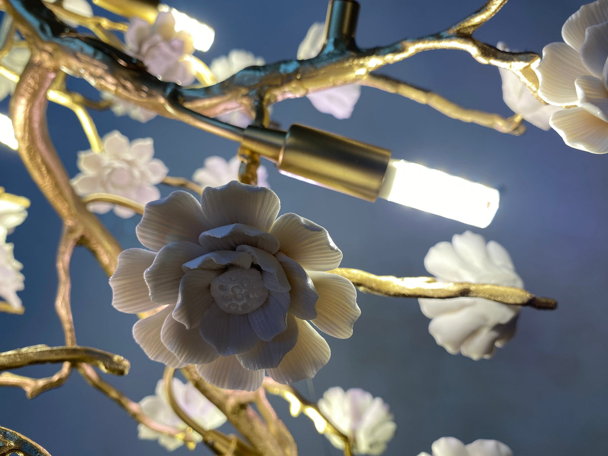 Post - Modern Art Brass and Ceramics Flower Pendant Branch Chandelier for Living/Dining Room - L49.2"*W19.7"*H21.7"Warm LightJoyfuzzy