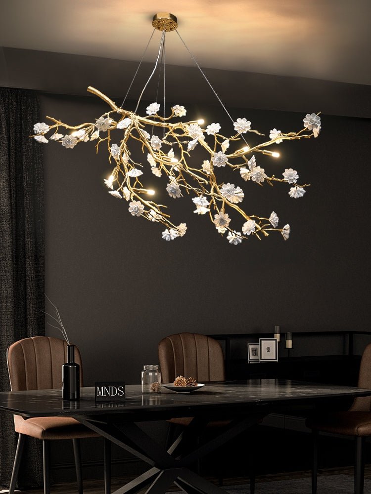 Post - Modern Art Brass and Ceramics Flower Pendant Branch Chandelier for Living/Dining Room - L49.2"*W19.7"*H21.7"Warm LightJoyfuzzy