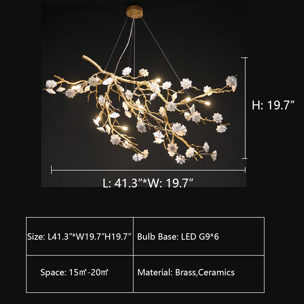 Post - Modern Art Brass and Ceramics Flower Pendant Branch Chandelier for Living/Dining Room - L49.2"*W19.7"*H21.7"Warm LightJoyfuzzy