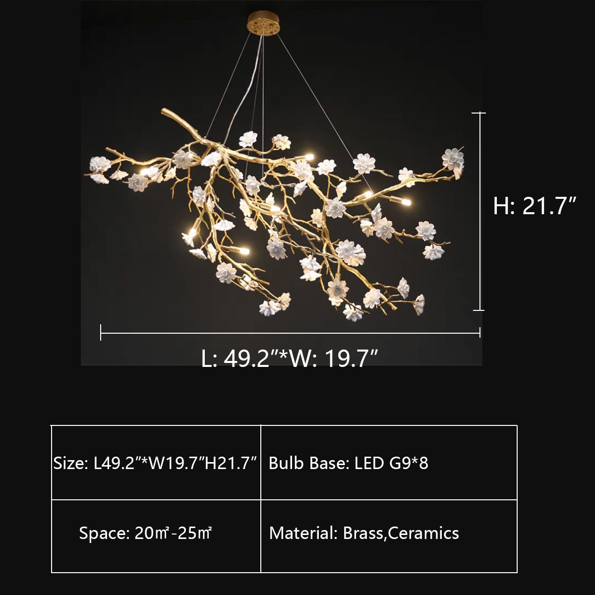 Post - Modern Art Brass and Ceramics Flower Pendant Branch Chandelier for Living/Dining Room - L49.2"*W19.7"*H21.7"Warm LightJoyfuzzy