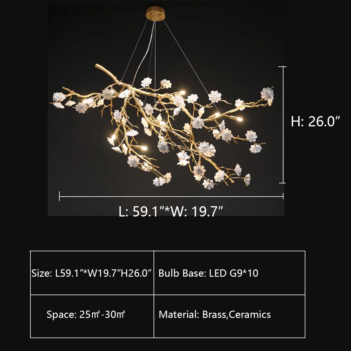 Post - Modern Art Brass and Ceramics Flower Pendant Branch Chandelier for Living/Dining Room - L49.2"*W19.7"*H21.7"Warm LightJoyfuzzy
