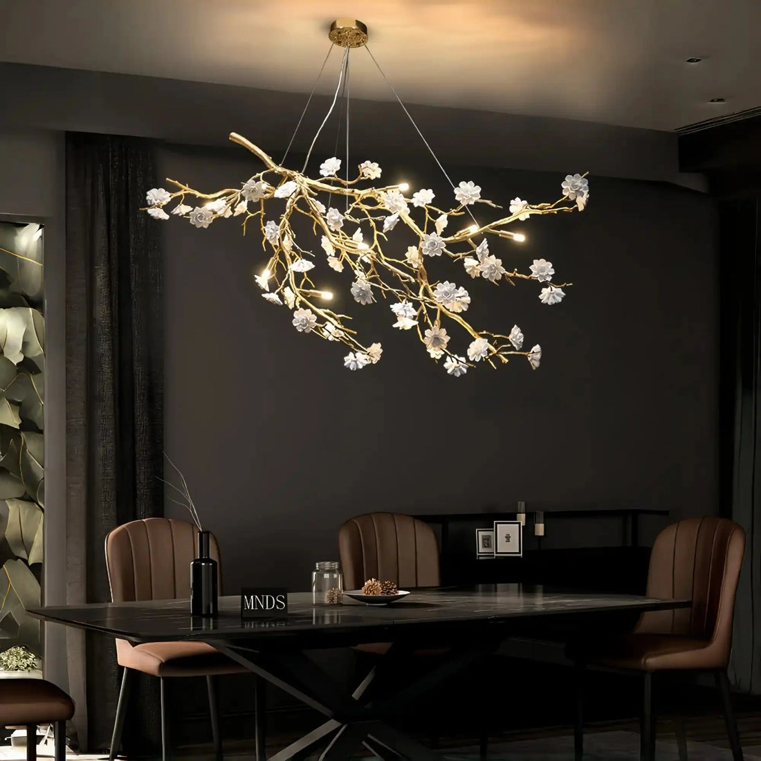 Post - Modern Art Brass and Ceramics Flower Pendant Branch Chandelier for Living/Dining Room - L33.5"*W19.7"*H19.7"Warm LightJoyfuzzy