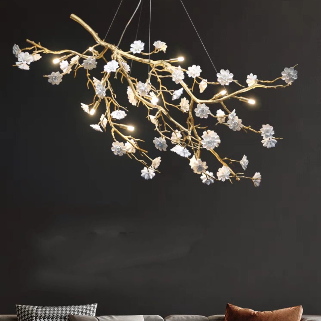 Post - Modern Art Brass and Ceramics Flower Pendant Branch Chandelier for Living/Dining Room - L41.3"*W19.7"*H19.7"Warm LightJoyfuzzy