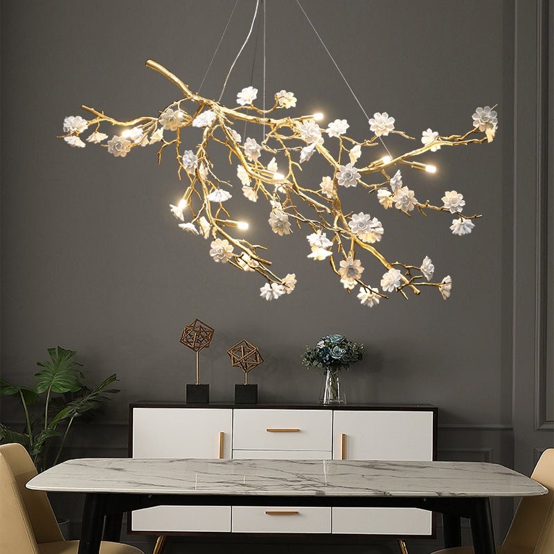 Post - Modern Art Brass and Ceramics Flower Pendant Branch Chandelier for Living/Dining Room - L59.1"*W19.7"*H26.0"/62.2kgWarm LightJoyfuzzy