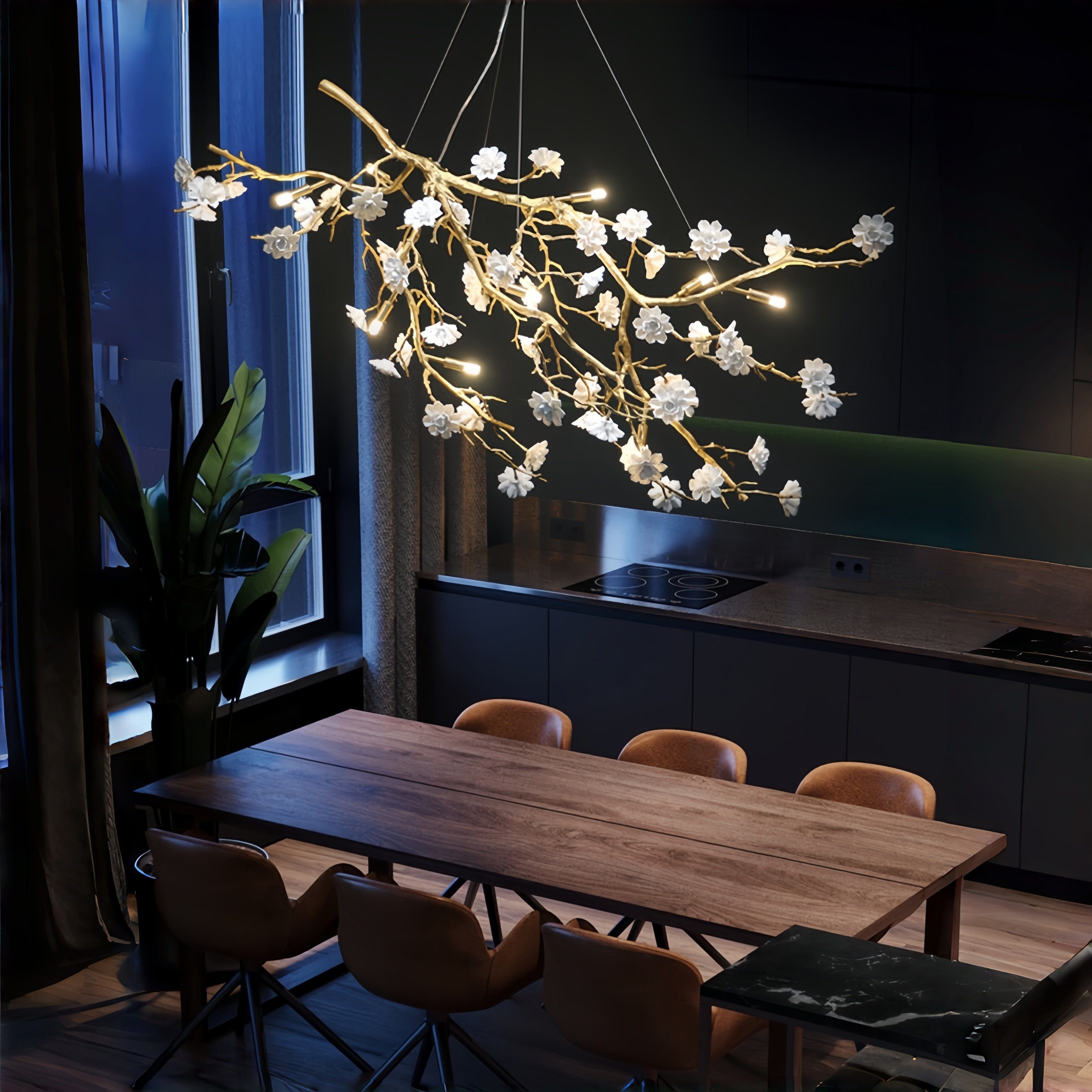 Post - Modern Art Brass and Ceramics Flower Pendant Branch Chandelier for Living/Dining Room - L49.2"*W19.7"*H21.7"Warm LightJoyfuzzy