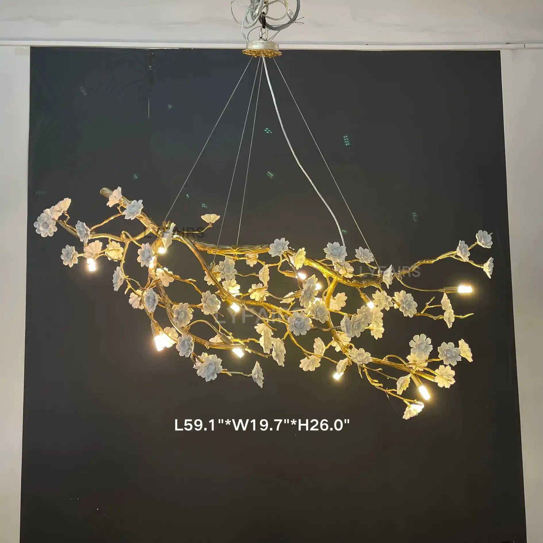 Post - Modern Art Brass and Ceramics Flower Pendant Branch Chandelier for Living/Dining Room - L49.2"*W19.7"*H21.7"Warm LightJoyfuzzy