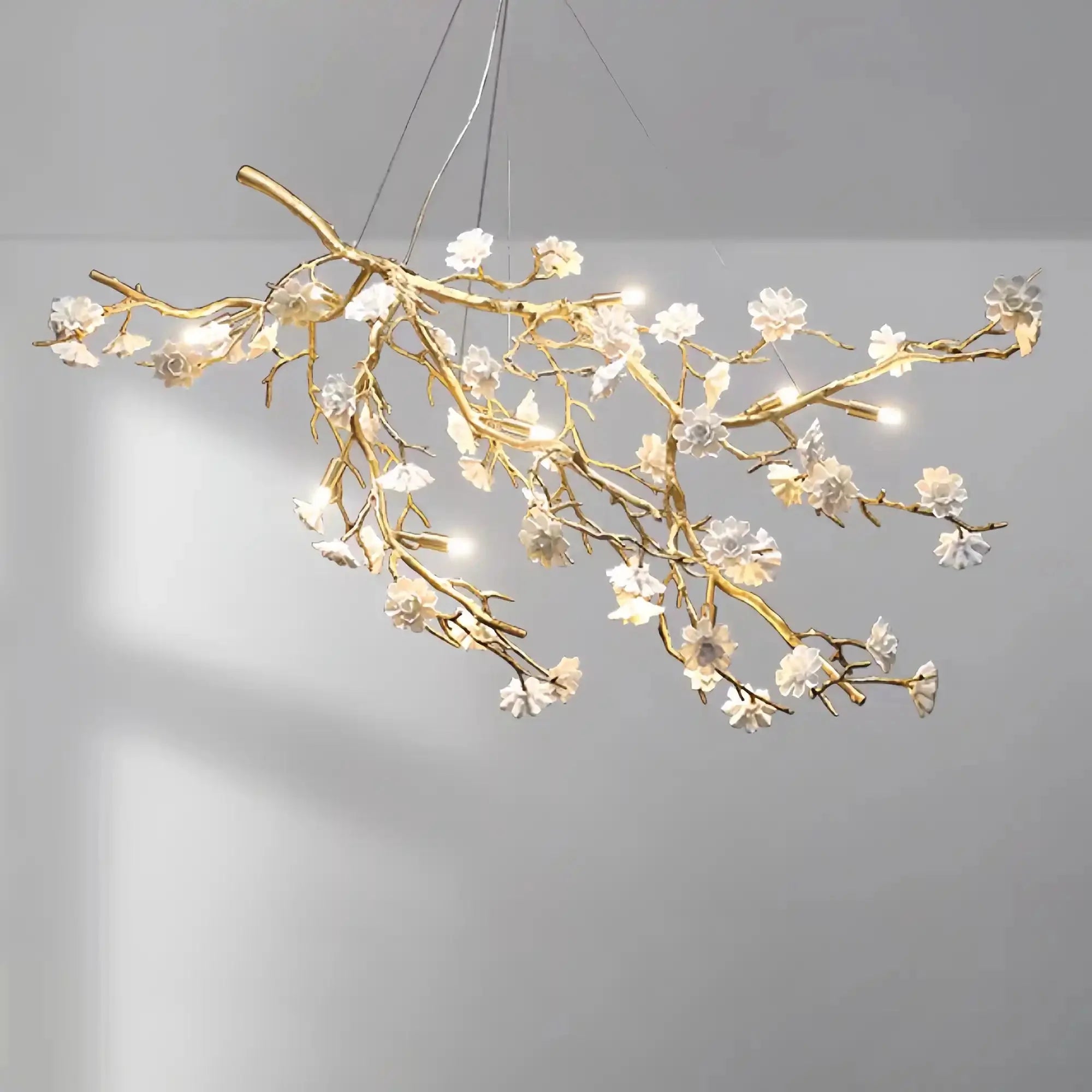 Post - Modern Art Brass and Ceramics Flower Pendant Branch Chandelier for Living/Dining Room - L49.2"*W19.7"*H21.7"Warm LightJoyfuzzy