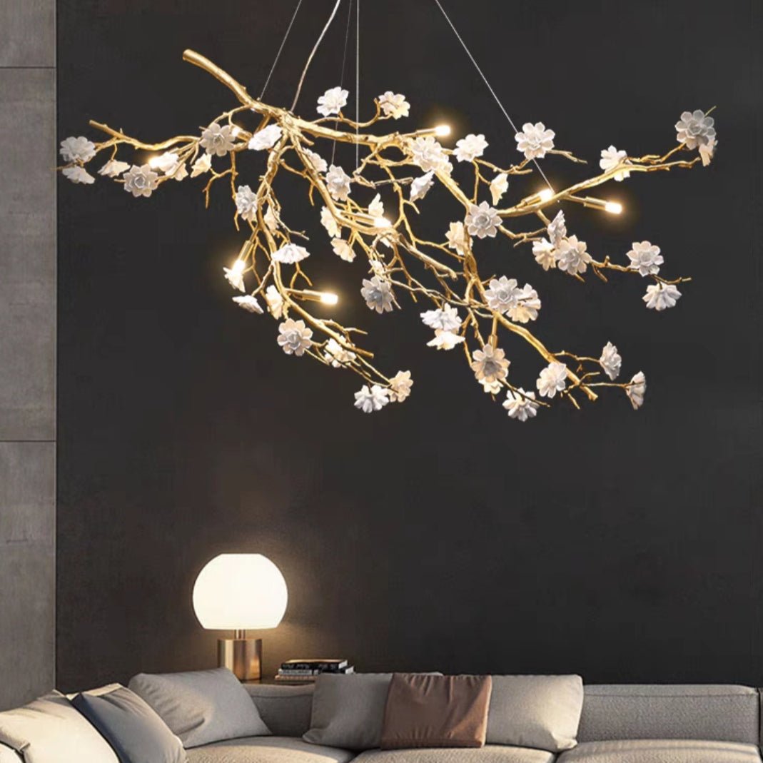 Post - Modern Art Brass and Ceramics Flower Pendant Branch Chandelier for Living/Dining Room - L33.5"*W19.7"*H19.7"Warm LightJoyfuzzy