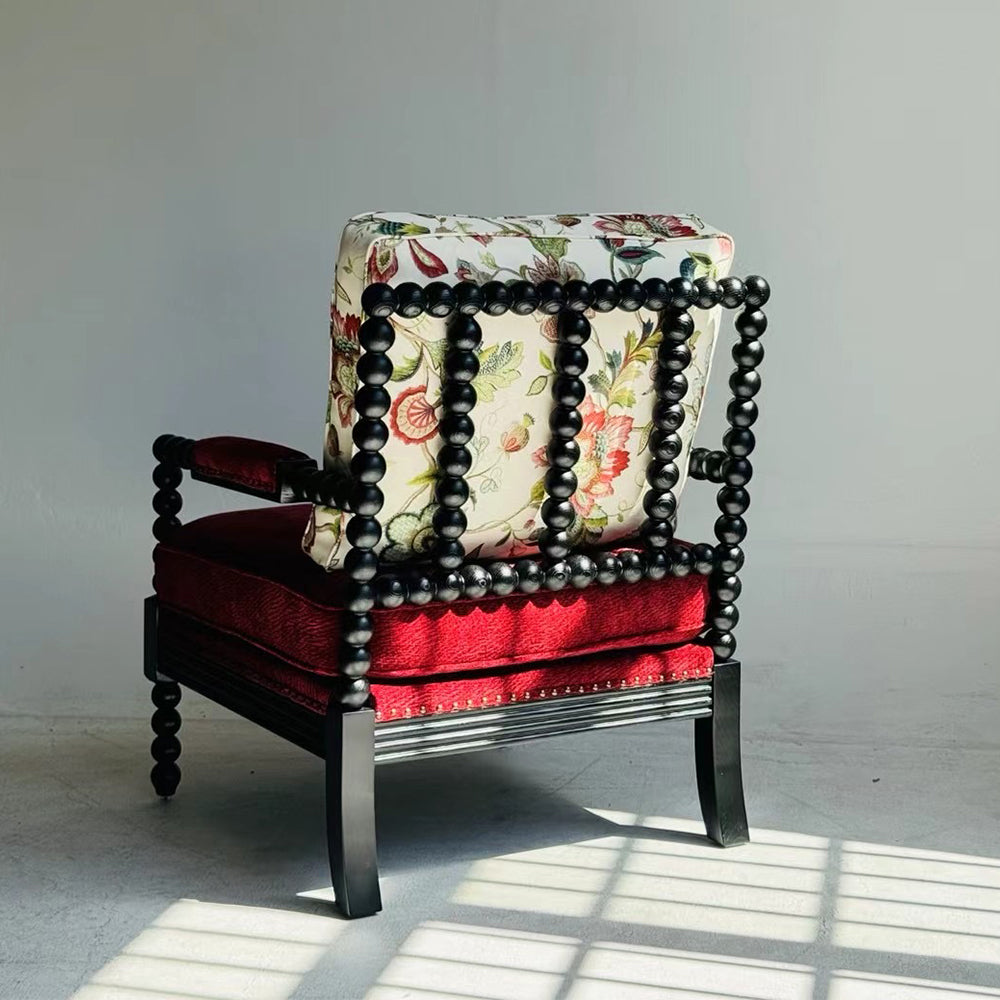Spindle Chair Comfortable Reading Chair Design Red Cushion Floral Pattern Arm Chair