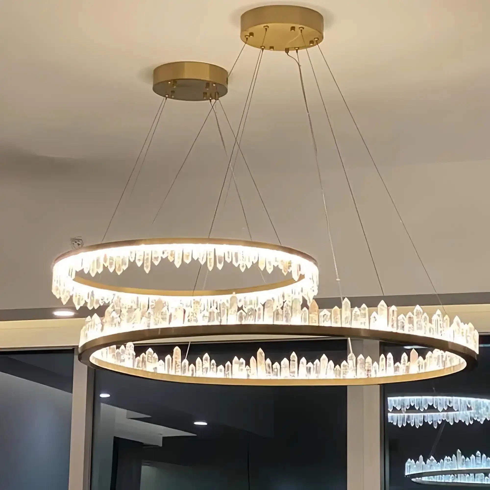 Round Modern Chandelier Brass & Clear Geode Quartz Crystal Hanging Light - Joyfuzzy