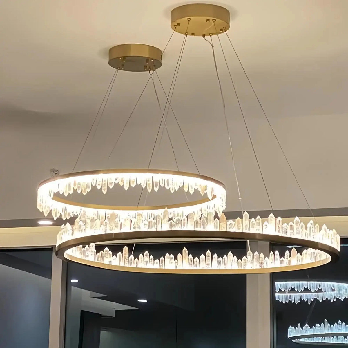 Round Modern Chandelier Brass & Clear Geode Quartz Crystal Hanging Light - Joyfuzzy