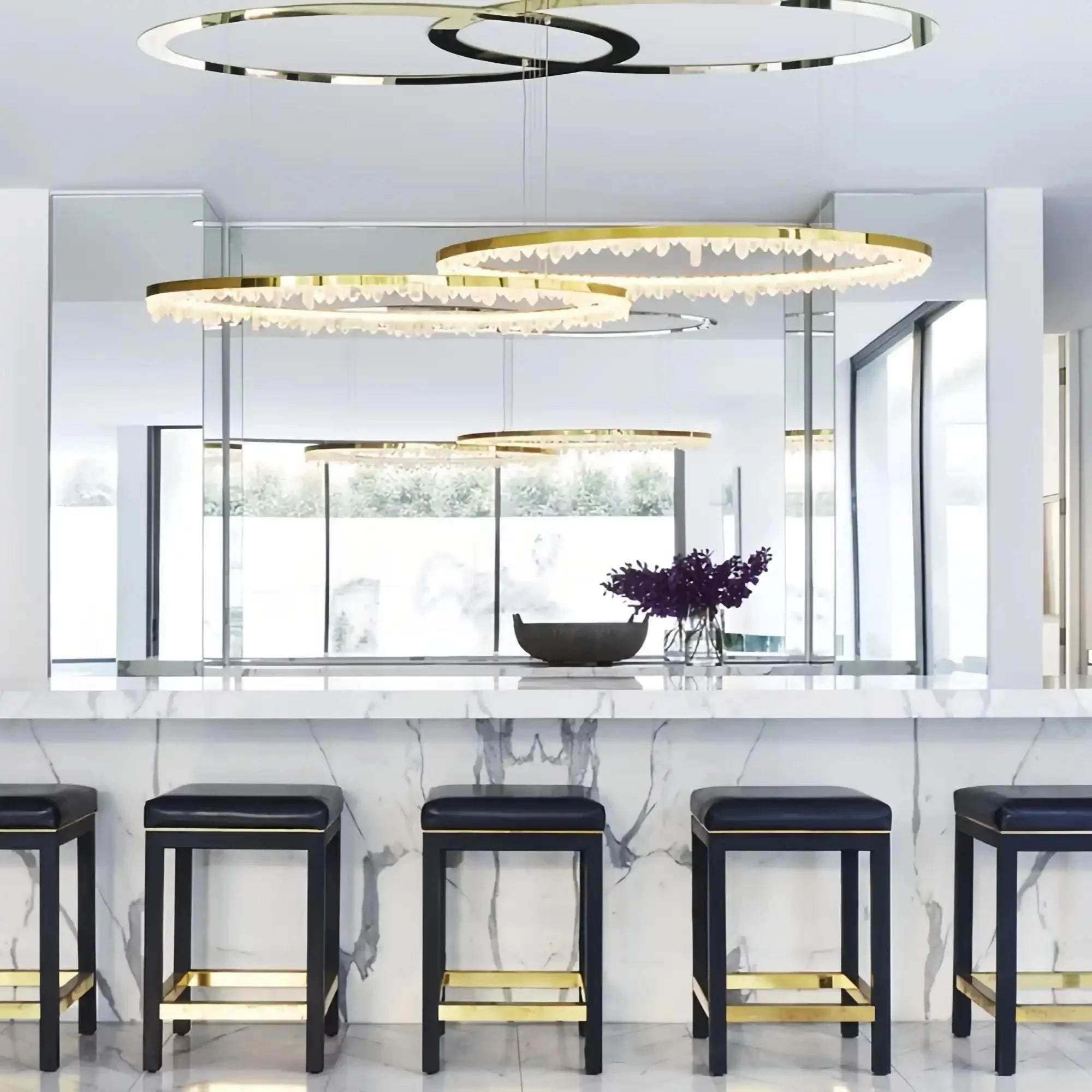 Round Modern Chandelier Brass & Clear Geode Quartz Crystal Hanging Light - Joyfuzzy